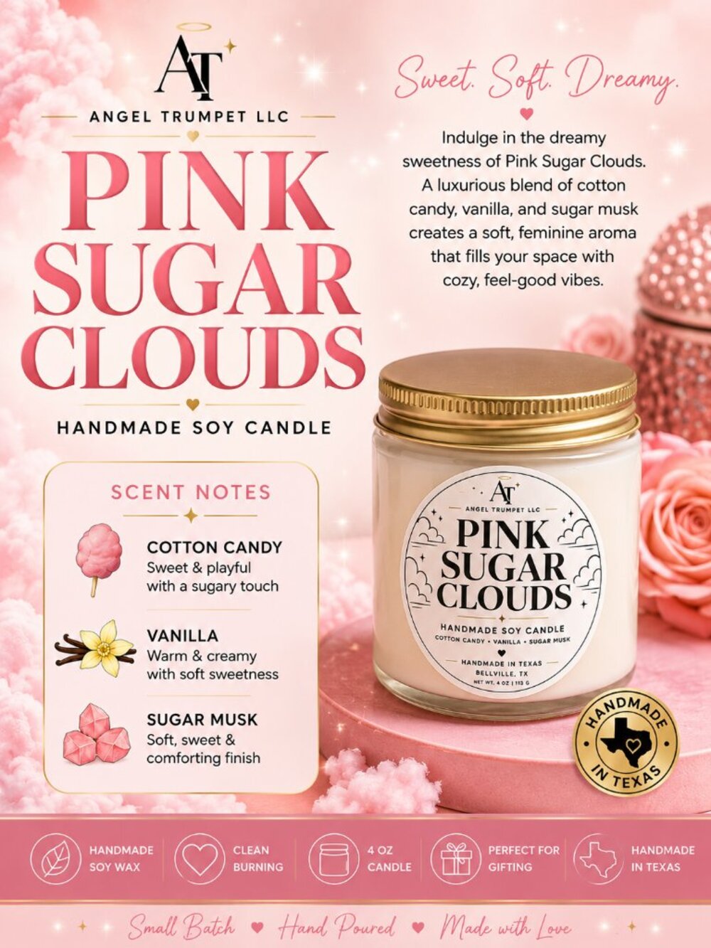 PINK SUGAR CLOUDS Handmade Soy Candle | 4 oz Luxury Candle | Angel Trumpet LLC